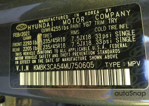 2021 Hyundai Kona Limited из США, поврежденный, VIN KM8K3CA54MU750605